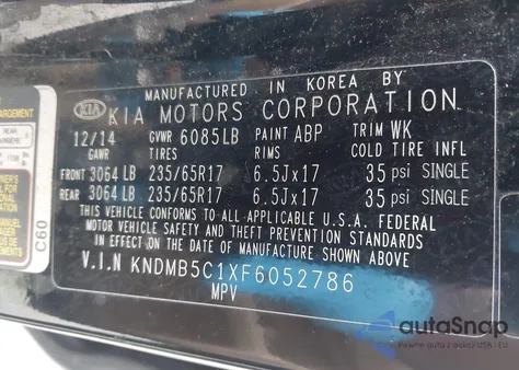 2015 Kia Sedona Lx z USA, uszkodzony, nr VIN KNDMB5C1XF6052786